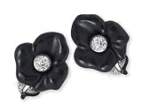 KENNETH JAY LANE-BLACK RESIN FLOWER WITH LEAF -CLIP EARRING, CZ ACCENT. WHITE OR BLACK