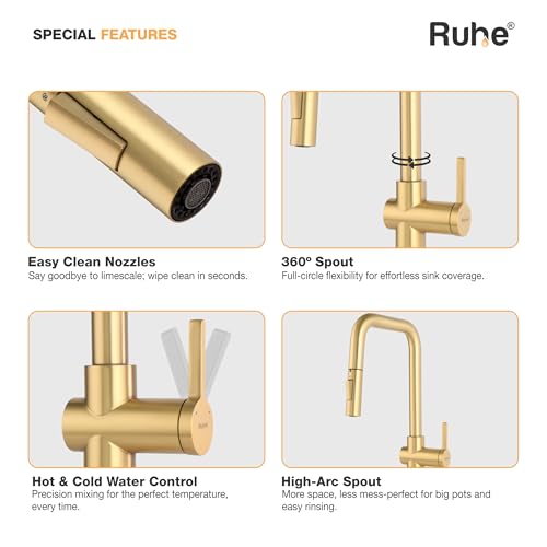 Image of Ruhe Opulo Dual Flow Pull-out Kitchen Mixer Faucet - Brushed Gold | 360 Swivel | Hot & Cold Water Faucet | Single Lever Tap | Table Mounted Kitchen Sink Tap