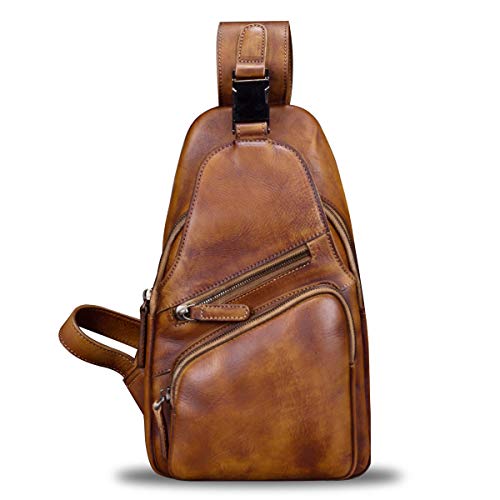 Genuine Leather Sling Bag Chest Shoulder Hiking Backpack Vintage Handmade Crossbody Daypack (Brown) #TOP1