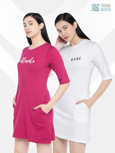 Image of STATUS MANTRA Long T-Shirt Dress for Women - Cotton Knee Length T Shirt Top | 3 /4th Sleeves, Soft Bio-Washed Fabric | Stylish Regular Fit Crew Neck