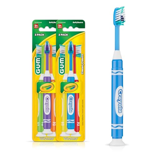 Image of GUM Crayola Marker Kids Toothbrush, Soft-Bristle Toothbrush with Suction Cup Base for Ages 3+, 3 Count (Pack of 2)