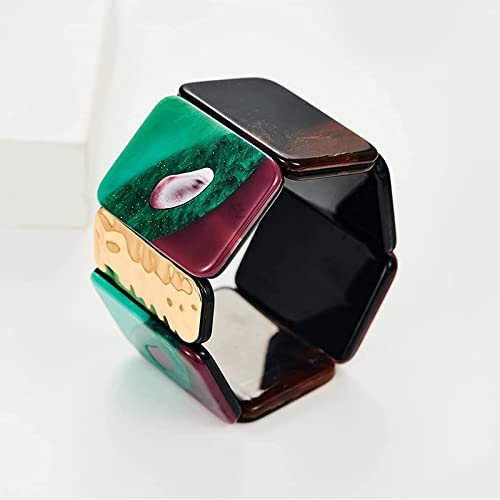Tovaba Vintage Chunky Elastic Stretchable Bangle Bracelet For Women, Green Bohemia Colorful Acrylic Statement Bracelet Costume Jewelry #TOP2