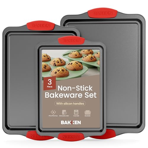 Baking Pan Set &ndash; 3 Piece Cookie Sheet &ndash; Deluxe Black Non-Stick Carbon Steel &ndash; Silicone Handles...