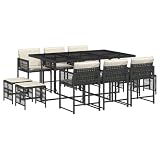 Kaorsrow 11 Piece Garden Dining Set Black PE Rattan Outdoor Patio Furniture with Tempered Glass Top Table and Cushioned Seating for 10 People Backyard Conservatory