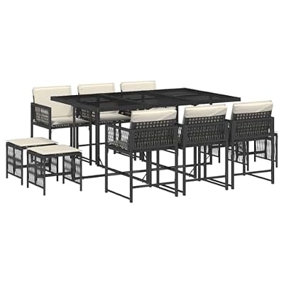 mtlskopl 11 Piece Garden Dining Set Black PE Rattan Patio Furniture Set with Tempered Glass Table and Cushioned Chairs 10 Seater Outside Dinner Table Set for Backyard Conservatory
