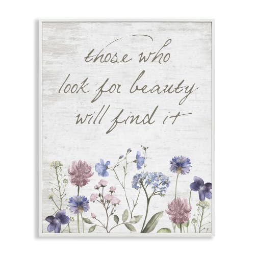 Stupell Industries Look For Beauty Inspiring Flower Blossom Calligraphy, Design by Lettered and Lined, 16 x 20, White Framed