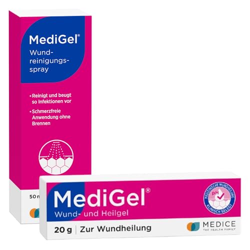 MediGel Set zur Wundheilung Gel 20g & Wundreinigungsspray 50ml für alle Wunden im Alltag, Schmerzfreie Anwendung ohne Brennen, zur Reinigung
