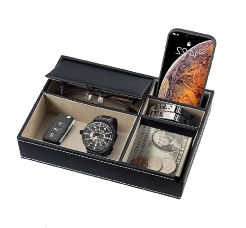 Faux Leather Valet Tray - 5-Compartment Mens Jewellery Organiser (26x18.7x5.3cm), Bedside Table & Desk Catchall Tray for Keys, Wallet, Watch & Sunglasses - Luxury Velvet-Lined Storage (Black)