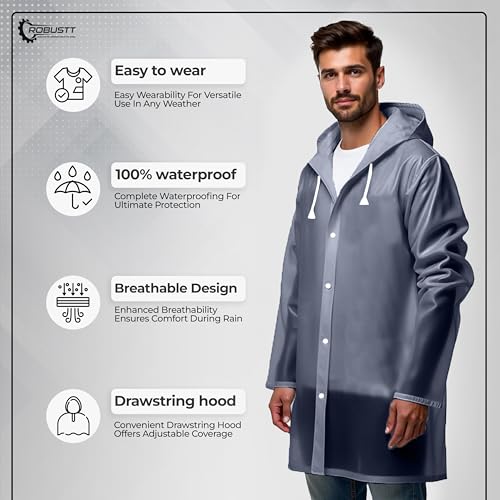 Image of Robustt Unisex Raincoat EVA Long Length With Hood - Transparent (Pack of 1) | Waterproof Rain Poncho