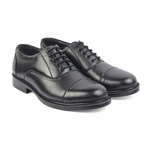 Image of XHUGOY Medium Range Police Oxford Complete-Leather Shoe for Men in Black N TAN (RED) Colour