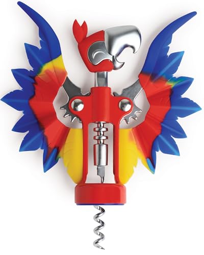 A colorful parrot whose wings literally flap open to pull the cork — OTOTO nails the 'useful object as tiny sculpture' genre.