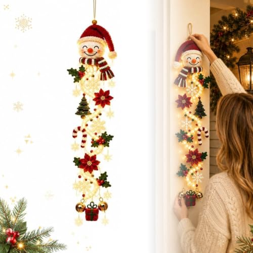 Glowing Christmas Door Hanger, Lighted Christmas Door Hanger, Rustic Quilted Fabric Wreath, Merrycascade Light-Up Christmas Decoration, 6 Festive Light Designs, Vertical Display (Snowman)