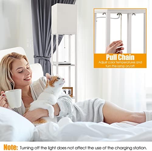 DEANIC Floor Lamp with Shelves UK-Modern Standing Lamps for Living Room,Bedroom, Office, 2 USB Ports and a 3-Color LED Bulb, Linen Fabric Shade-White