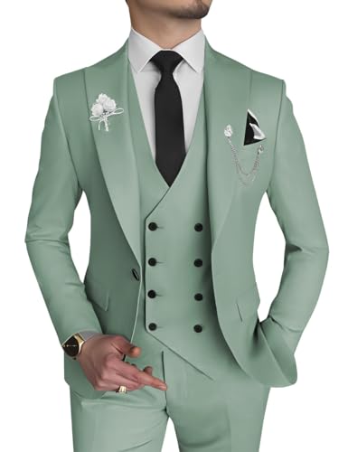 Wangyue 3 Piece Mens Suit Slim Fit Double Breasted Suit Formal Sage Green Suits for Men Wedding Groomsman,S