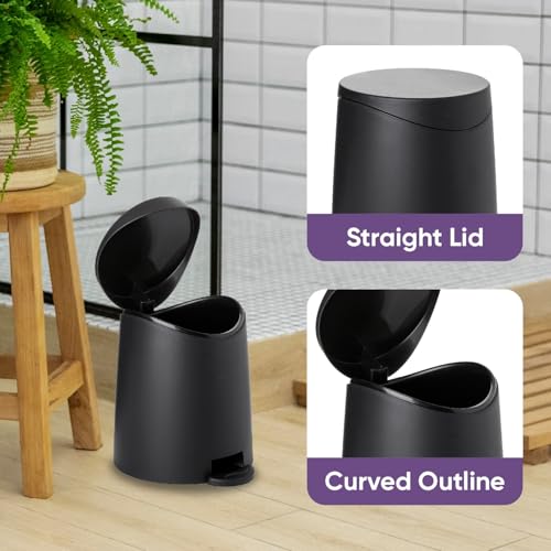 Image of Superio Mini Bathroom Trash Can with Lid 3 Liter, Plastic Waste Bin 0.75 Gallon, Modern Flat Lid Step On Trash Can with Foot Pedal, for Bathroom, Bedroom, Office, Under Desk, Soft Close (Black)