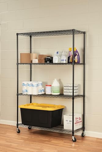 Alera ALE Complete Wire Shelving Unit w/Caster, Four-Shelf, 48 x 18 x 72, Black