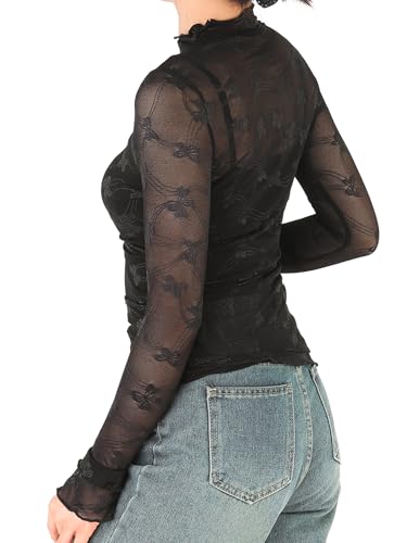 ZhouBoat Women's Floral Lace Top Black Mesh Sheer Mock Neck Blouse Tops — view 5