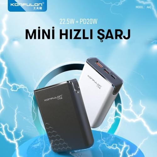 Resim Coverzone Konfulon Mini Powerbank 10000mAh 22.5W ve PD20W Type-C Input ve Output iPhone 11 12 13 14 15 Uyumlu Powerbank Beyaz Renk Güç Bankası A6Q (Beyaz - A6Q) 
