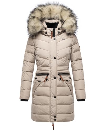 Navahoo Paula Women's Winter Coat, Warm Quilted Coat, Long with Removable Faux Fur Hood, XS-5XL, Light taupe, L