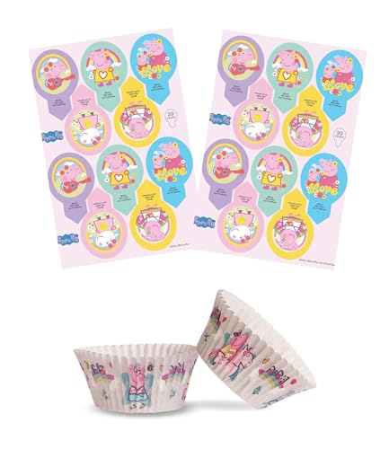 DKZBR Peppa Wutz Set 20x Essbare Muffinstecker+ 25x Muffinförmchen mit Peppa Pig Motiven - Deko für Muffins und Cupcakes zum Kindergeburtstag