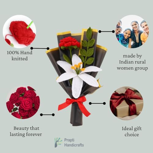 Image of Artificial Crochet Red Rose White Lily Flower Bouquet / Forever Flowers /Valentine Day romantic Gift for Girls / boys / girlfriend / boyfriend / husbund / wife Home Decor gift ideas (white lily+red rose)