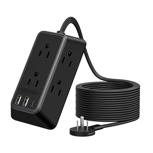 10FT Black Extension Cord, NTONPOWER 1080J Flat Plug Surge Protector Power Strip with 6 Outlets & 3 USB Ports (1USB C), 3 Side Outlet Extender, Wall Mounted Extension Cord for Home Office Li