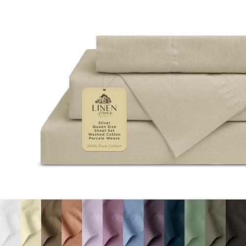 Linen Home Washed Cotton Percale Queen Sheet Set, Silver, Preshrunk, 4 Pieces Sets - 1 Flat, 1 Deep Pocket Fitted Sheet & 2 Envelope Closure Pillowcases, Soft, Cool and Comfortable Bed Linen