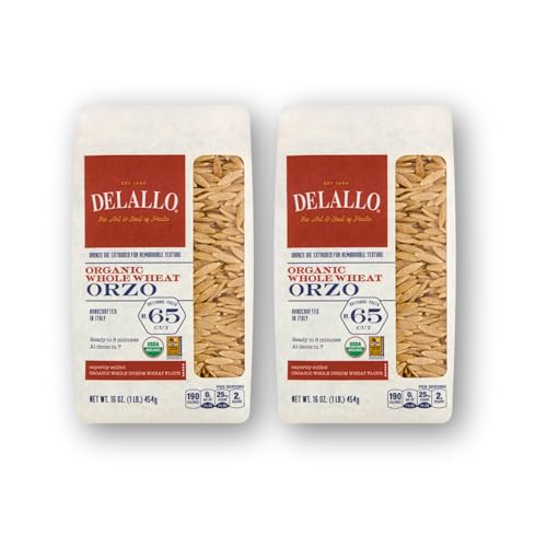 DeLallo Whole Wheat Orzo Pasta, Organic, Vegan, Made with Only 100% Durum Wheat Semolina Flour, Made in Italy, Bronze Cut, Kosher, Non-GMO, All Natural, 1lb Bag, (2 Pack)