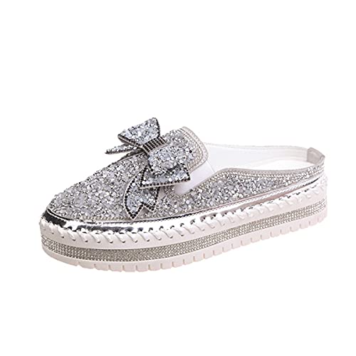 Women's Slip On Mule Shoes Rhinestones Glitter Bow Loafer Shoes Ladies Platform Comfort Penny Shoes (White, Adult, Women, Numeric_6, Numeric, Us_Footwear_Size_System, Medium) #TOP4