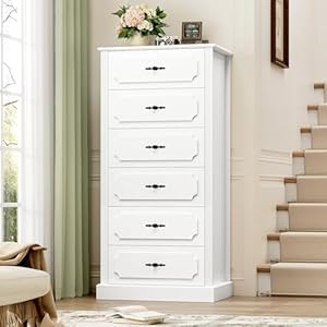 FINETONES 6 Drawer White Dresser 51 Tall White Dresser Chest of Drawers Tall Dresser White 6 Drawer Dresser with Large Storage Space Modern Storage Chest of Drawers Super Stable Base