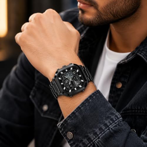 Image of Watch for Men Analog Digital Black Wrist Watch with Stainless Steel Chain, Square Dial, Dual Time Display, Alarm, LED Backlight, Chronograph, Sports Watch, Waterproof 5ATM Luxury Men's Watch