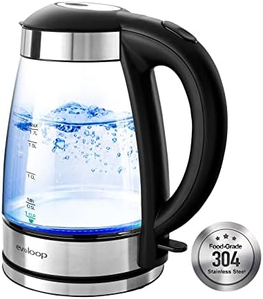 Evoloop Electric Tea Kettle 1.7L Hot Water Boiler, 1500W Glass Water Kettle with Auto Shut-Off & Boil Dry Protection, BPA Free, Cordless Base & LED Indicator