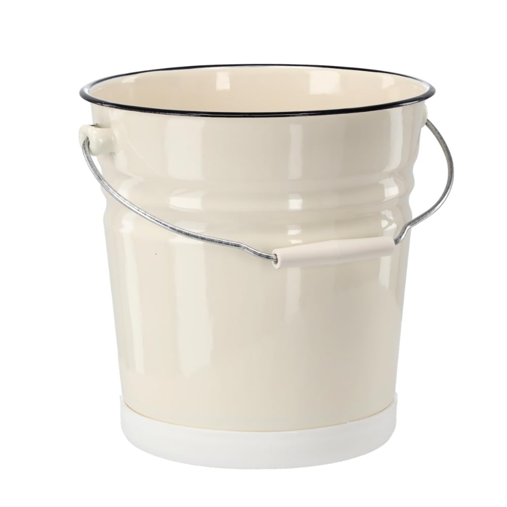 Emaliowane wiadro 12 l, kremowe, z czarną krawędzią, 26 cm, wiadro na wodę z ergonomicznym uchwytem i ochroną podłogi – rustykalne wiadro do czyszczenia i wiadro ogrodowe w stylu retro