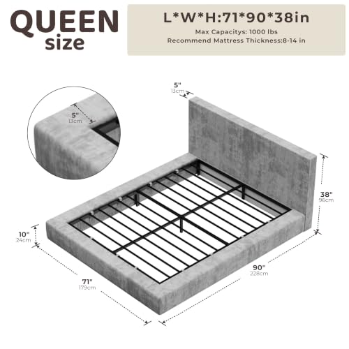 Image of RECCI AirFrame Queen Bed Frame with Headboard, Cloud Upholstered Platform Bed Frame, 5 Inch Foam Cushioned, No Box Spring, Easy Assembly(Moon Grey)
