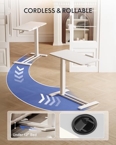 Image of FLEXISPOT Adjustable Height C-Shaped End Table with Split Tilting Top - Mobile Side Table for Sofa & Bedside, Slides Under Furniture, Hidden Wheels for Small Spaces(31.6 inch W x 15.7 inch D,White)