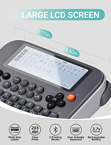 Makeid E1 Portable Label Maker - Bluetooth Compatible Thermal Printer - Qwerty Keyboard, 4.42" Lcd Screen - Prints 9Mm, 12Mm, 16Mm Clear Waterproof Sticker Labels - Includes Usb Cable #TOP1