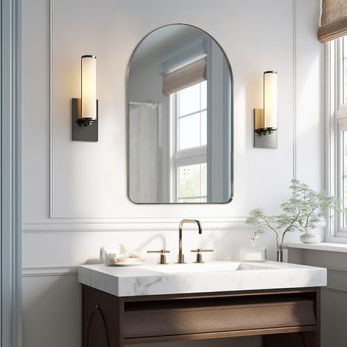 Image of ANDY STAR Arched Mirror, 24 x 32 Inch Brushed Nickel Wall Mirror in Stainless Steel Metal Frame, Arch Top Rounded Corner 1 Inch Deep Set Design Wall Mount Hangs Vertical