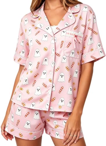 Image of Women Holiday Satin Pajamas Short Sleeve Shirts Shorts Set 2pc Loungewear