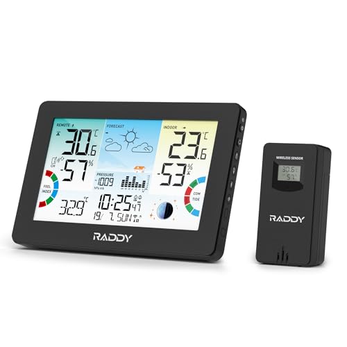 Raddy HW75 Weather Station Wireless Indoor Outdoor, 7.5" Large Color Display, Home Temp & Humidity Monitor with Barometric Pressure, Atomic Clock, Heat Index, Dew Point, Moon Phase, Tide, for Garden