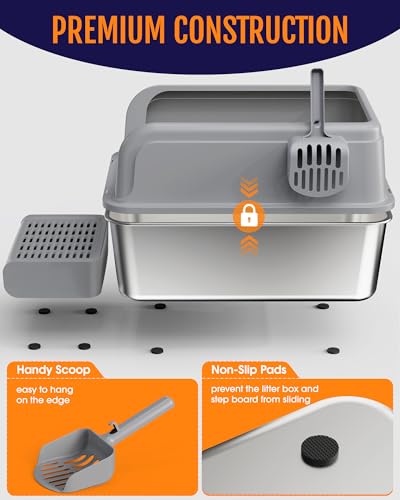 Powools Cat Litter Box - Stainless Steel Litter Box with Scatter-Proof Elevated Step Board for Kitty Use, Robust & Non-Sticky Metal Cat Box with Scoop, Grey