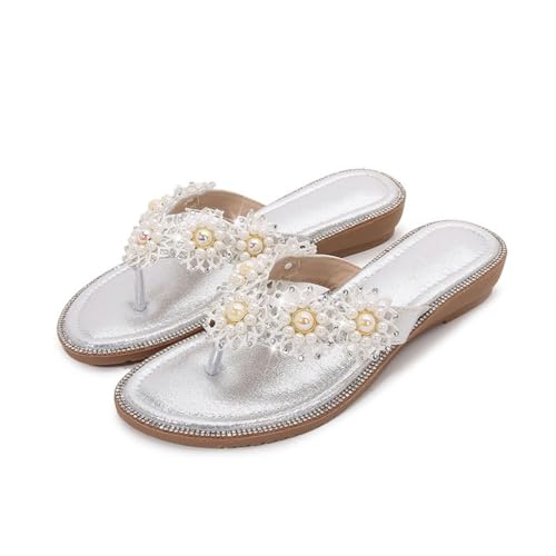 Sandales de plage d'été grandes tailles pour femme avec fleurs strass nacrées