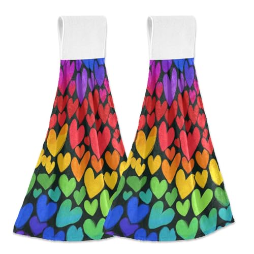 Gay Pride Rainbow Colored Hearts Hanging Kitchen Towels 2 Pieces Hand Bath Yowels Dish Towels Tie Towel Tea Towels for Bathroom Farmhouse Home