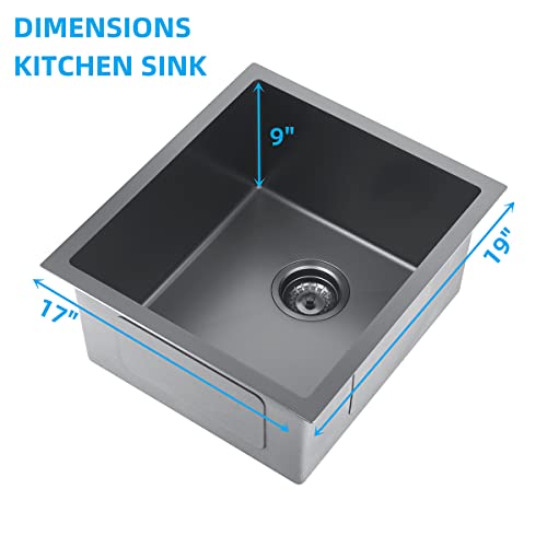 Melanstar Stainless Steel Single Bowl Outdoor Bar Sinks Undermount Workstation Kitchen Prep Sink With Sink Strainer Waste Basket And Bottom Grid, 17" X 19" X 9", Black #TOP2