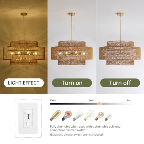Image of 30 inch Boho Rattan Chandelier Light Fixture, 8-Light Large Hand Woven Pendant Light Fixture Farmhouse Rustic Chandeliers for Dining Room, Kitchen, Bedroom, Living Room, Hallway, Foyer