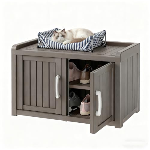 Image of Outdoor Shoe Storage Cabinet, Waterproof UV-Resistant Resin Storage Bench Indoor Outdoor with 2 Doors, Adjustable Shelves for Entryway, Bedroom, Hallway,Living Room(Grey)