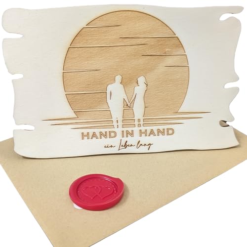 Woodland Mail Holz Hochzeitskarte 'Hand In Hand' - Gravur Auf Pappelholz - Mit Wachssiegel, Made In Germany