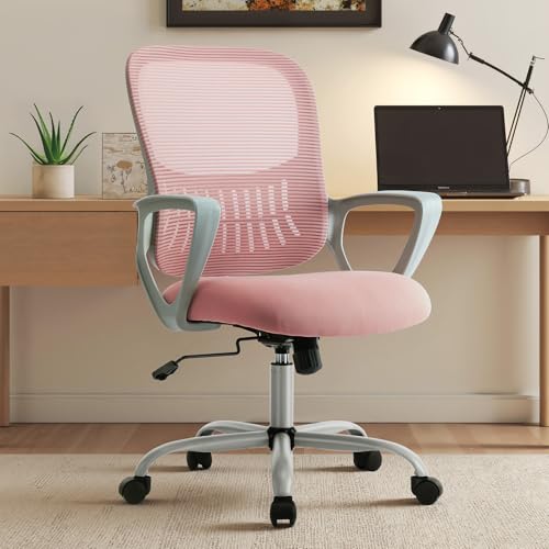 DUMOS Office Desk Chair - Ergonomic Mid Back with Lumbar Support & Rocking Mode, Height Adjustable with Fixed Armrest, Storage Back for Computer, Gaming, Conference, Meeting Room, 360° Swivel, Pink
