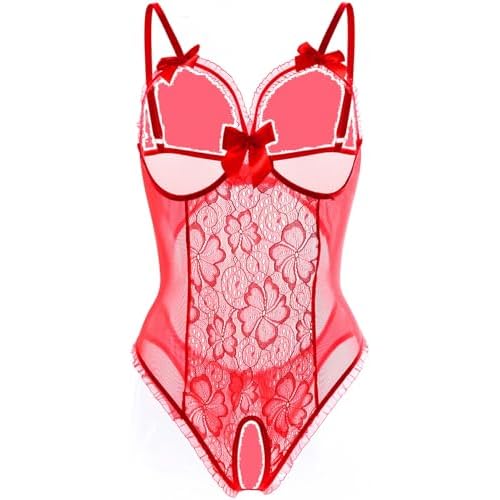 Women's Lace Teddy Lingerie, Mesh Bodysuit with Bow Detail, Plus Size Available, Sexy Lingerie for Women Small Red