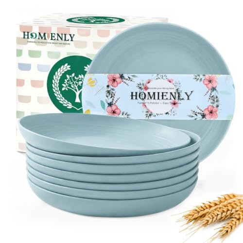 Image of Homienly Wheat Straw Deep Plates 9 Inch Unbreakable & Lightweight Plastic Dinner Plates Alternative for Dessert, Sandwich 8 PCS Microwave & Dishwasher Safe Reusable Plate for Camping, RV-Light Blue
