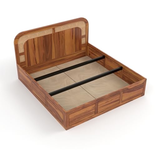 Image of Sheesham Wood Cane Bed with Box Storage for Bedroom | King Size Wooden Double Bed Palang with Curved Rattan Headboard (Honey Finish)